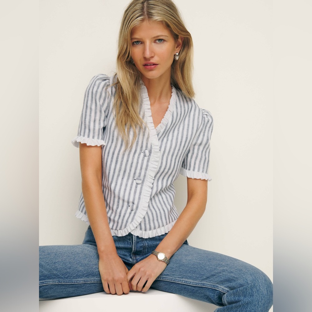 Reformation Bess White & Gray Striped Ruffle-Trim Short Sleeve Linen Blouse